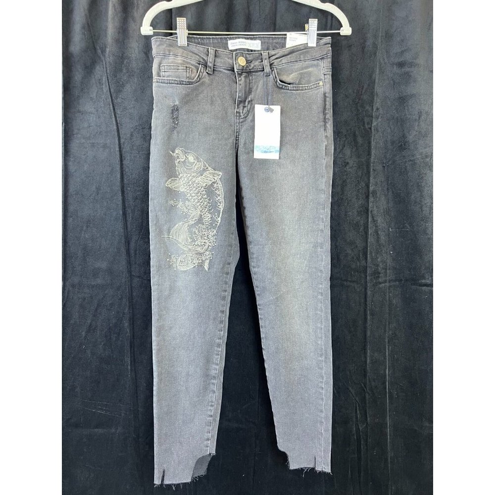 NWT Zara Womens Basic Gray Coy Fish Embroidered Mid Rise Skinny Jeans Size 36